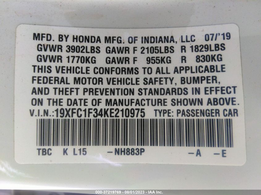 2019 HONDA CIVIC SEDAN EX - 19XFC1F34KE210975