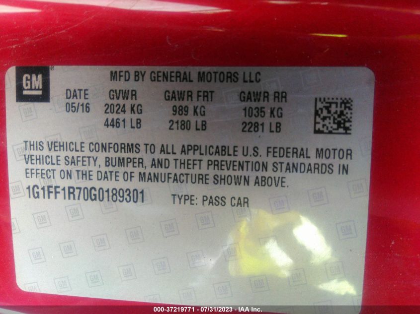 2016 CHEVROLET CAMARO 1SS - 1G1FF1R70G0189301