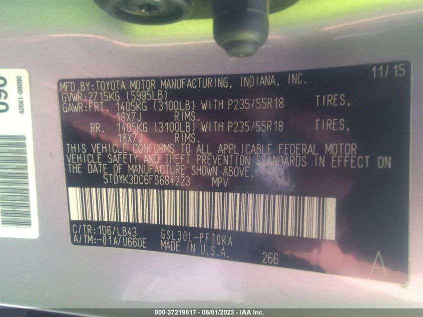 2015 TOYOTA SIENNA XLE/XLE AAS/LTD - 5TDYK3DC6FS684223