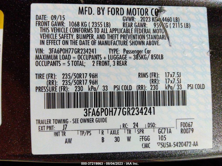 3FA6P0H77GR234241 2016 FORD FUSION, photo no. 9