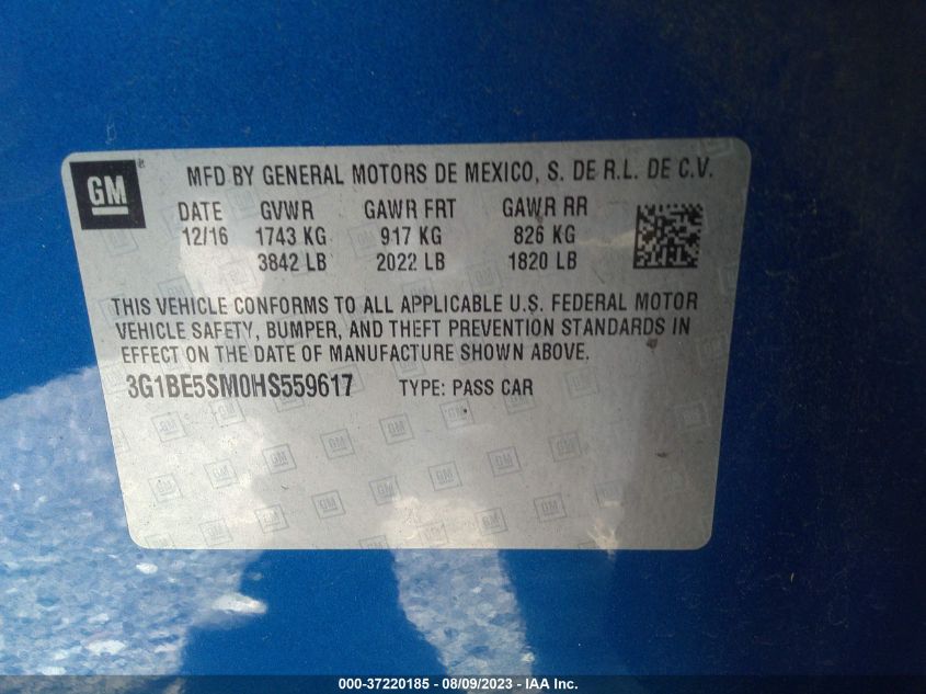 2017 CHEVROLET CRUZE LT - 3G1BE5SM0HS559617