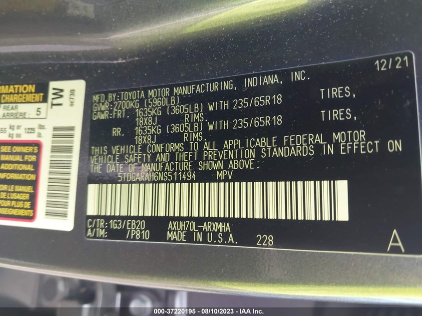 VIN 5TDGARAH6NS511494 2022 TOYOTA HIGHLANDER HYBRID