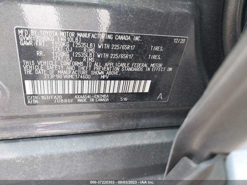 VIN 2T3P1RFV6MC174600 2021 TOYOTA RAV4 XLE