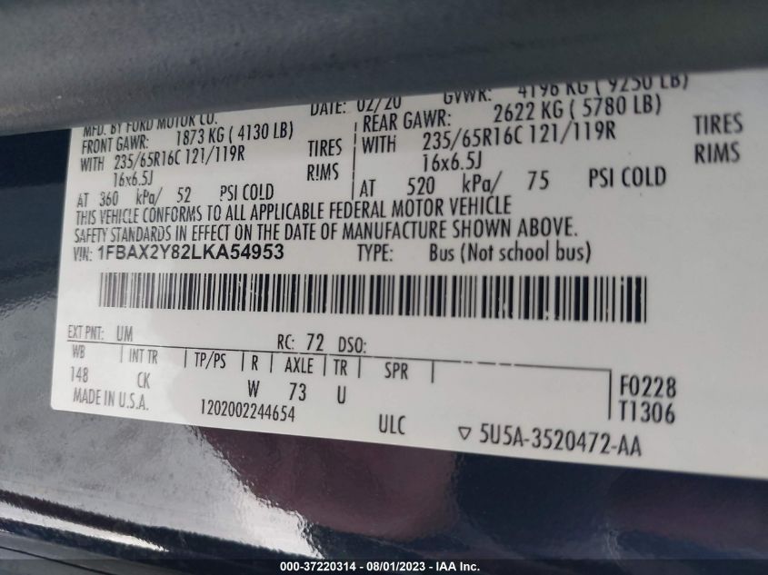 2020 FORD TRANSIT PASSENGER WAGON XL/XLT 1FBAX2Y82LKA54953