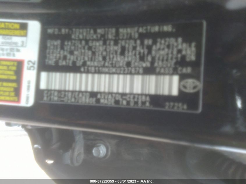 2019 TOYOTA CAMRY LE/SE/XLE/L - 4T1B11HK0KU237676