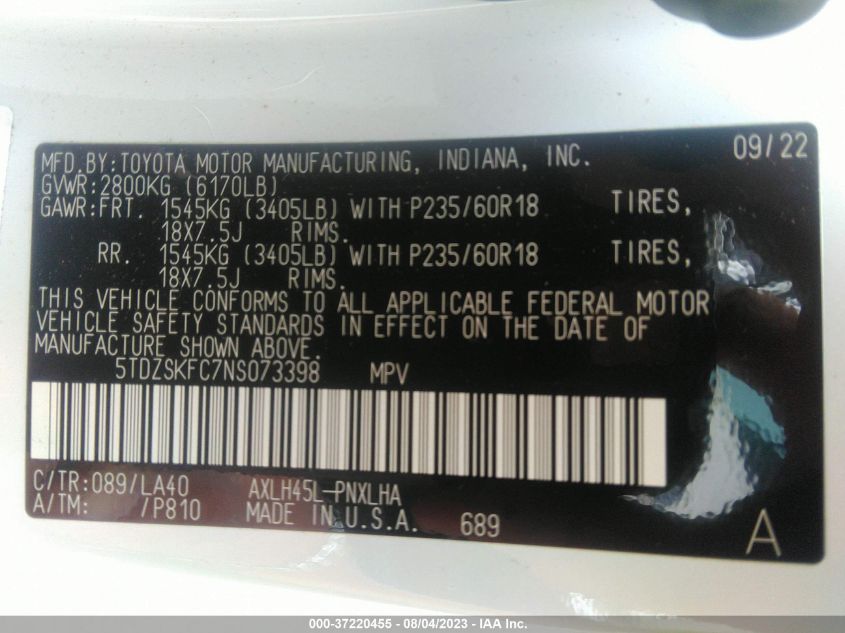 2022 TOYOTA SIENNA LIMITED - 5TDZSKFC7NS073398