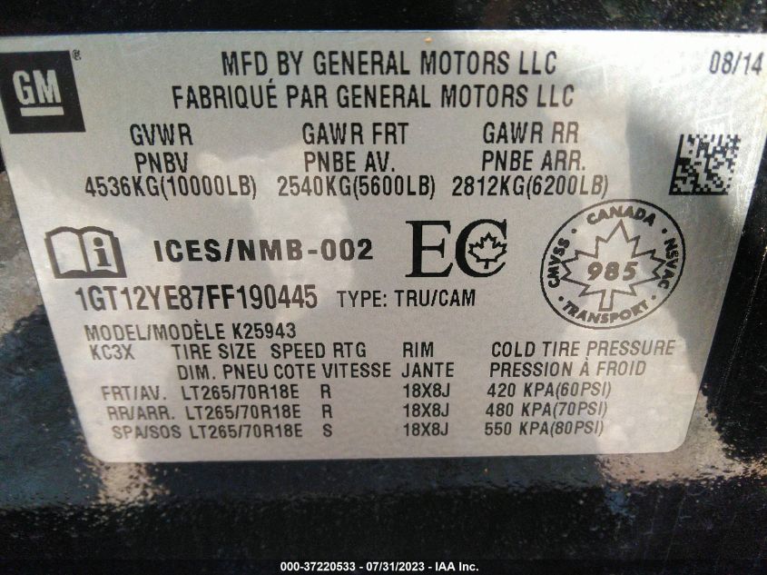 2015 GMC SIERRA 2500HD SLE - 1GT12YE87FF190445