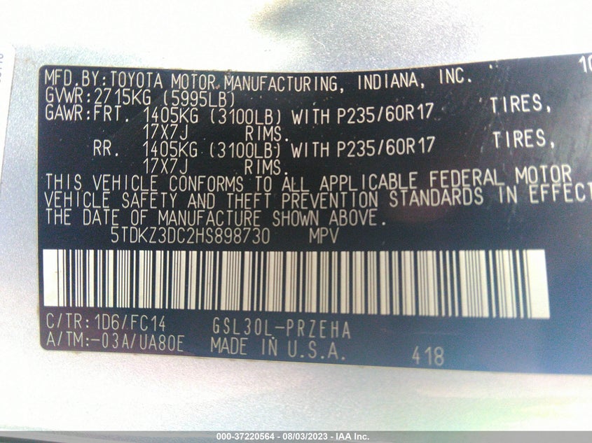 VIN 5TDKZ3DC2HS898730 2017 TOYOTA SIENNA LE