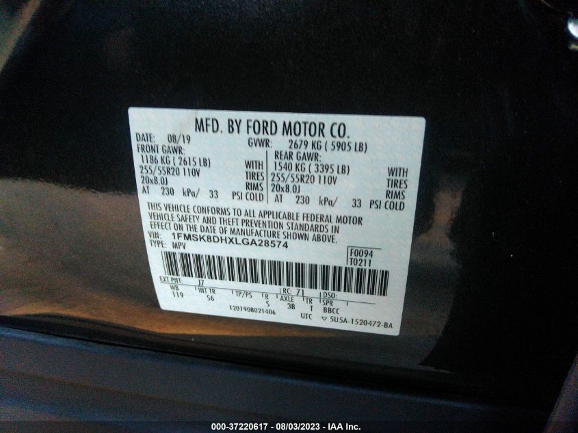 2020 FORD EXPLORER XLT - 1FMSK8DHXLGA28574