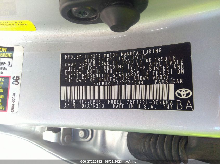 2015 TOYOTA COROLLA L/LE/S/S PLUS/LE PLUS - 5YFBURHE7FP311599