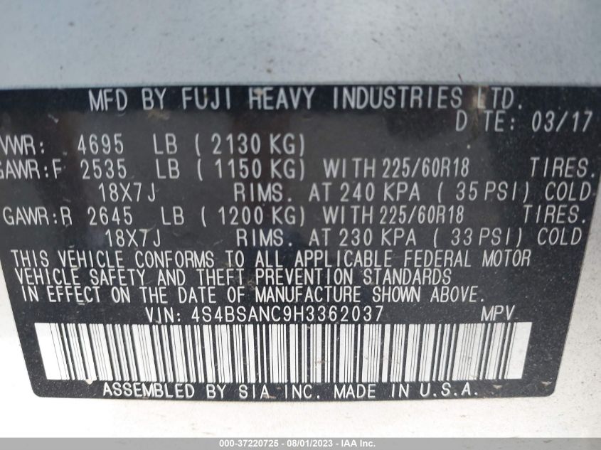 2017 SUBARU OUTBACK 2.5I LIMITED - 4S4BSANC9H3362037