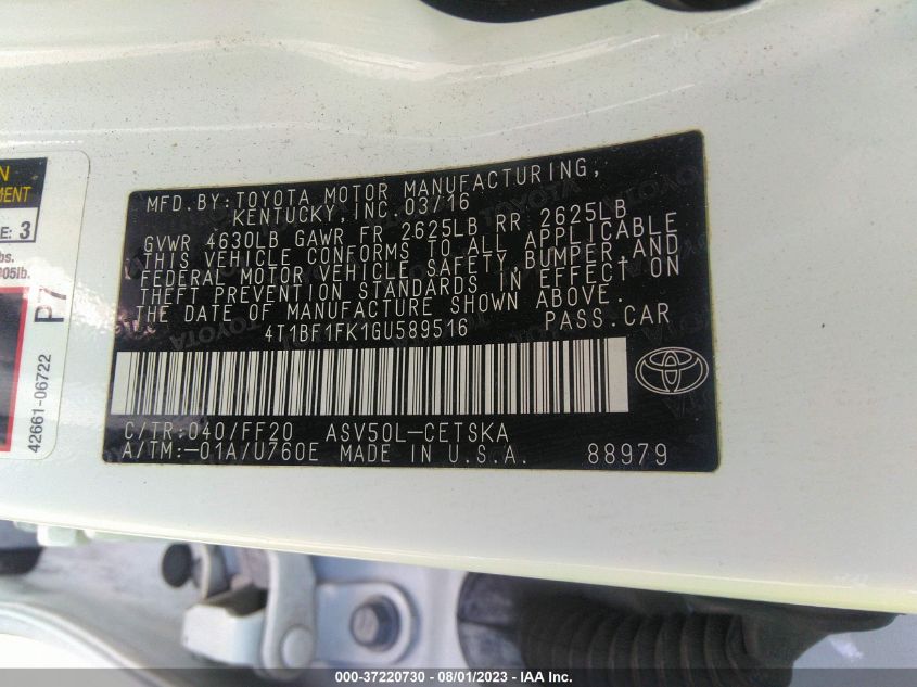 2016 TOYOTA CAMRY XLE/SE/LE/XSE - 4T1BF1FK1GU589516