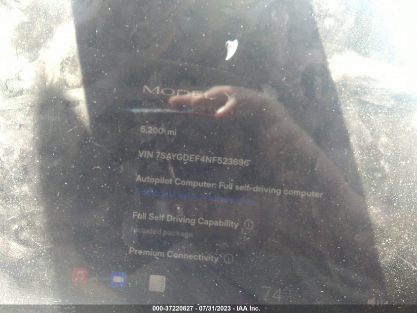 VIN 7SAYGDEF4NF523696 2022 TESLA MODEL Y