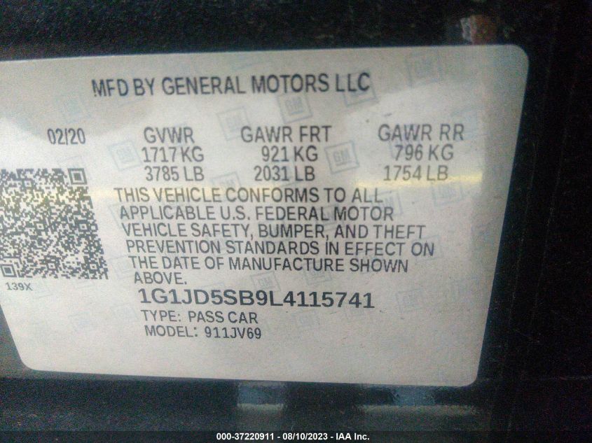 2020 CHEVROLET SONIC LT - 1G1JD5SB9L4115741