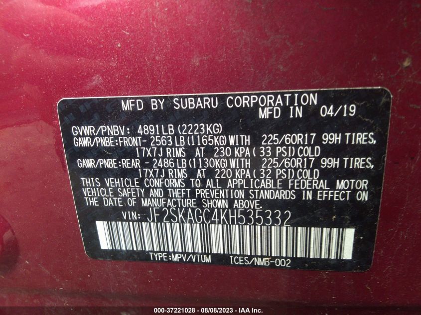 2019 SUBARU FORESTER PREMIUM - JF2SKAGC4KH535332