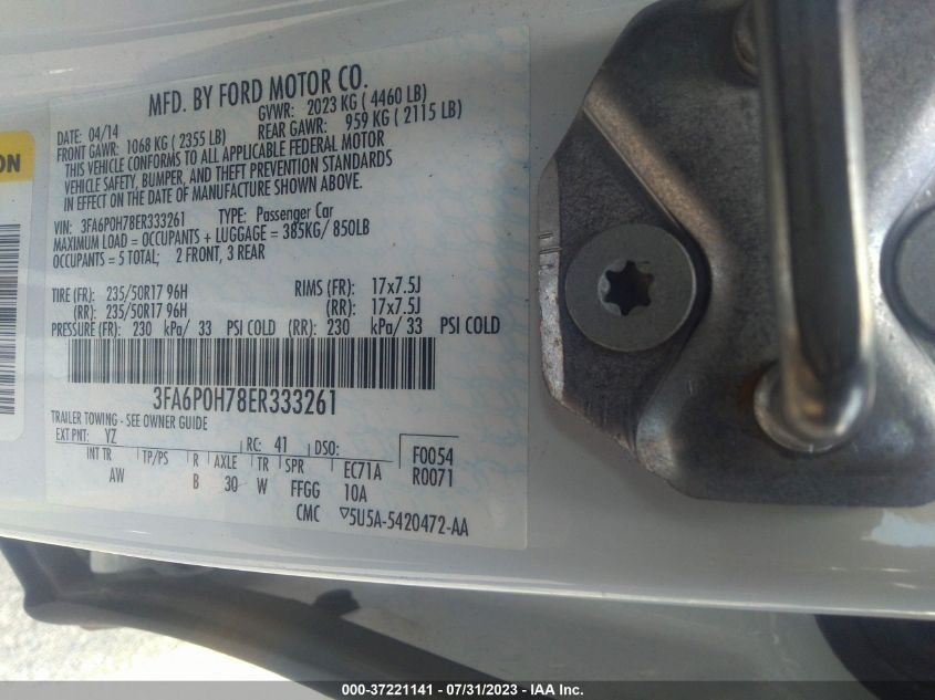 2014 FORD FUSION SE - 3FA6P0H78ER333261