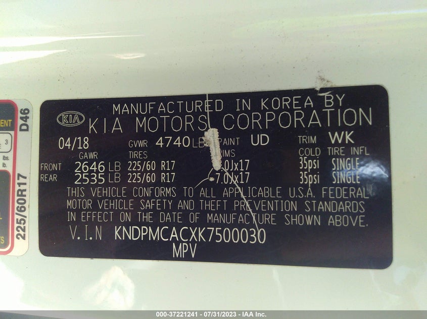 VIN KNDPMCACXK7500030 2019 KIA SPORTAGE LX
