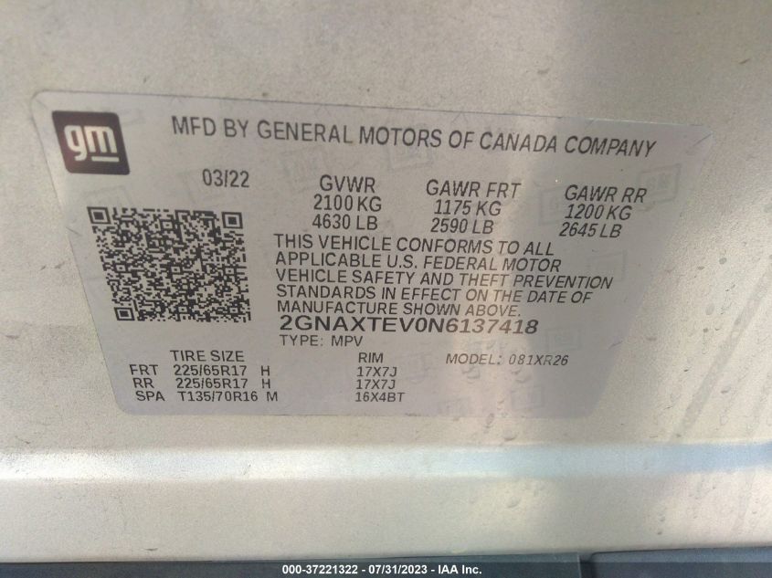 2022 CHEVROLET EQUINOX LT - 2GNAXTEV0N6137418