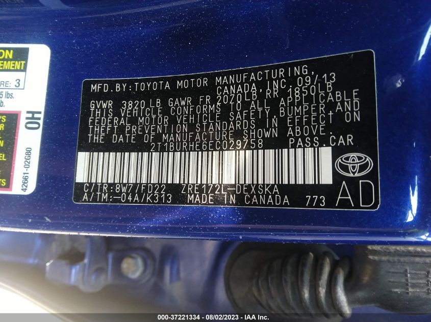 2014 TOYOTA COROLLA L/LE/S/S PLUS/LE PLUS - 2T1BURHE6EC029758