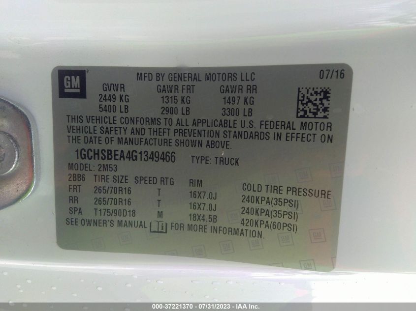 2016 CHEVROLET COLORADO 2WD WT - 1GCHSBEA4G1349466