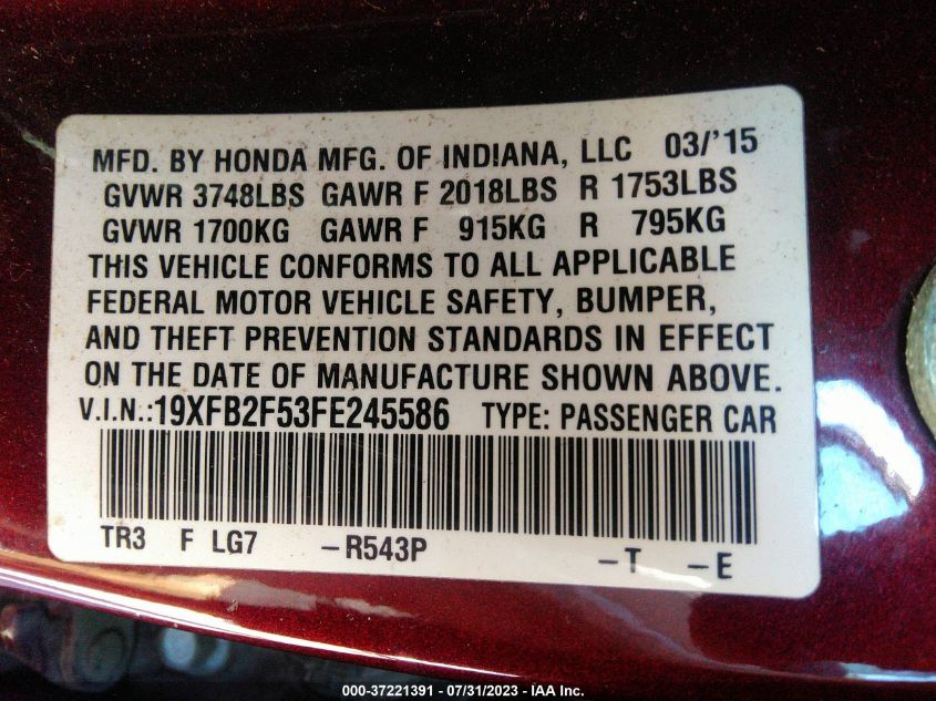 2015 HONDA CIVIC SEDAN LX - 19XFB2F53FE245586