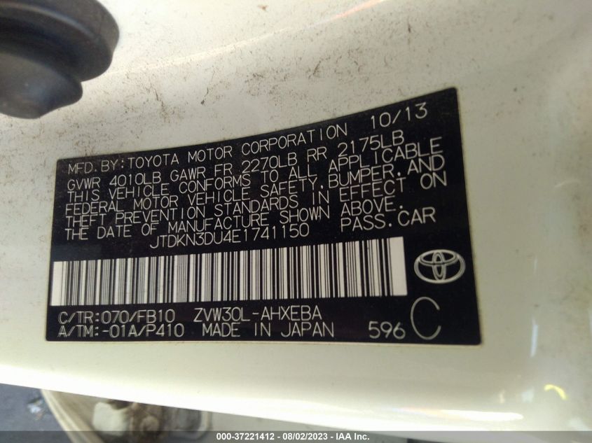 2014 TOYOTA PRIUS FOUR/FIVE/THREE/ONE/TWO - JTDKN3DU4E1741150