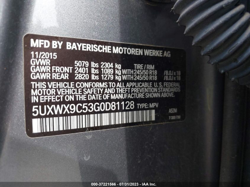 2016 BMW X3 XDRIVE28I - 5UXWX9C53G0D81128