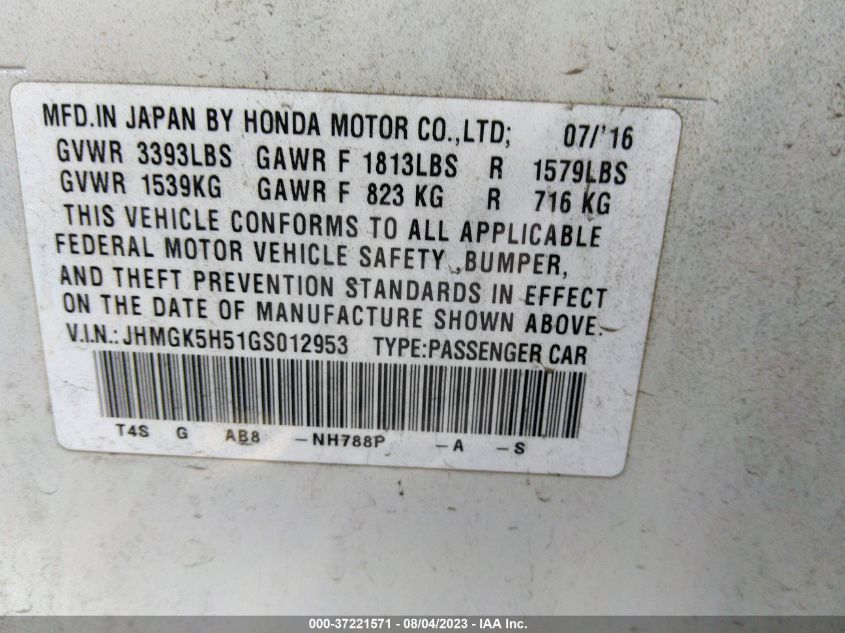 2016 HONDA FIT LX - JHMGK5H51GS012953