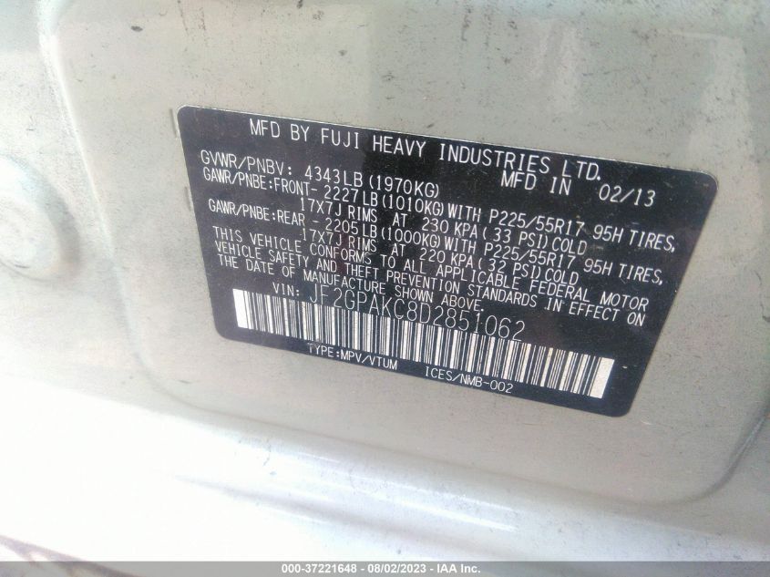 2013 SUBARU XV CROSSTREK 2.0 LIMITED - JF2GPAKC8D2851062