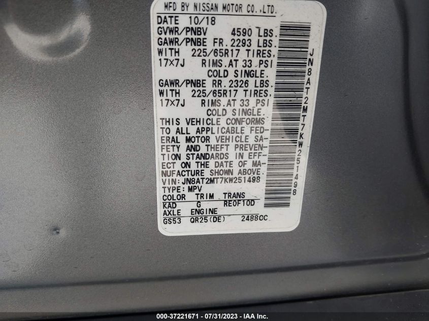 2019 NISSAN ROGUE S/SV - JN8AT2MT7KW251498