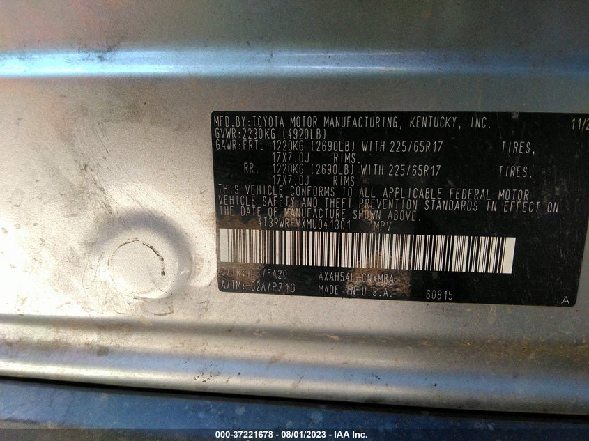 VIN 4T3RWRFVXMU041301 2021 TOYOTA RAV4 XLE
