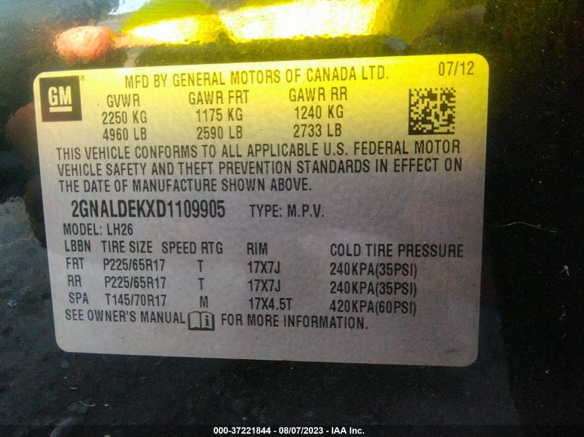 2013 CHEVROLET EQUINOX LT - 2GNALDEKXD1109905