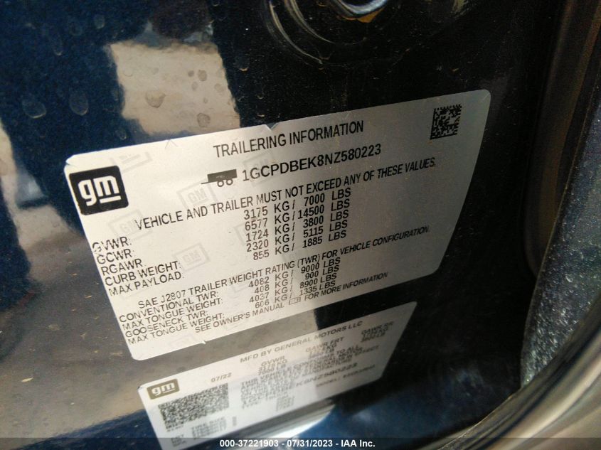2022 CHEVROLET SILVERADO 1500 CUSTOM - 1GCPDBEK8NZ580223