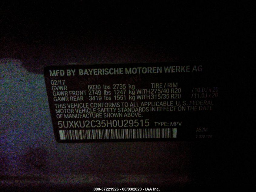 2017 BMW X6 XDRIVE35I - 5UXKU2C35H0U29515