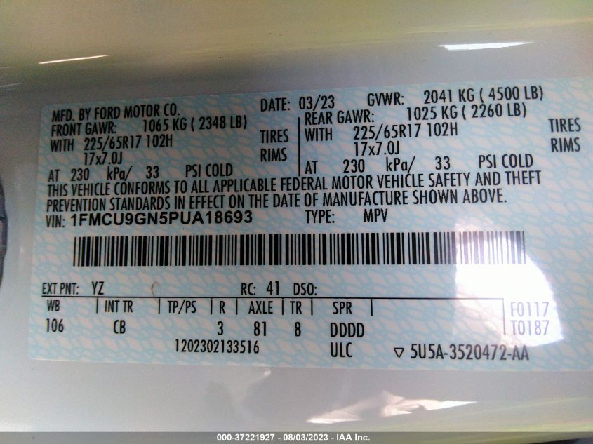 1FMCU9GN5PUA18693 2023 FORD ESCAPE, photo no. 9