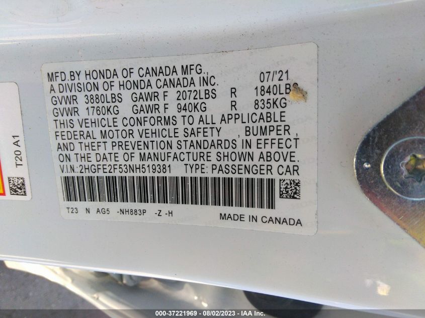 2022 HONDA CIVIC SEDAN SPORT - 2HGFE2F53NH519381