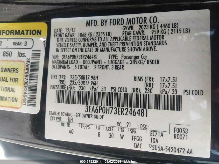 2014 FORD FUSION SE - 3FA6P0H73ER246481