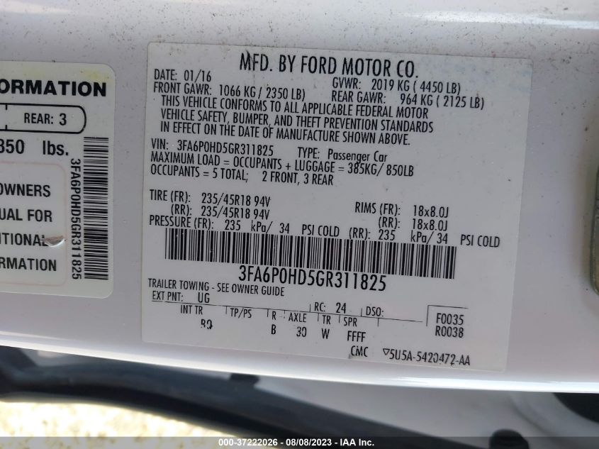 2016 FORD FUSION SE - 3FA6P0HD5GR311825