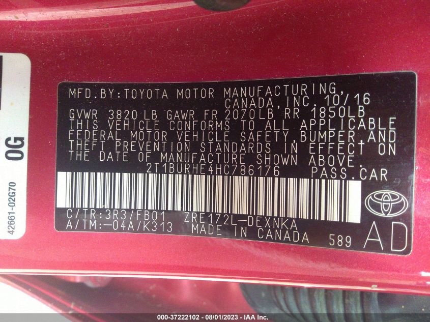 2017 TOYOTA COROLLA L/LE/XLE/SE - 2T1BURHE4HC786176