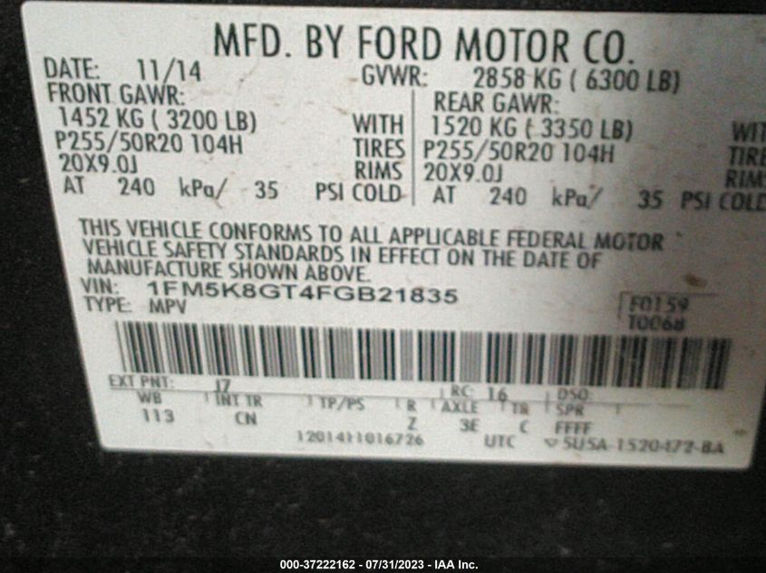 2015 FORD EXPLORER SPORT - 1FM5K8GT4FGB21835