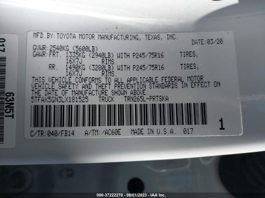 2020 TOYOTA TACOMA 2WD SR/SR5 - 5TFAX5GN3LX181525
