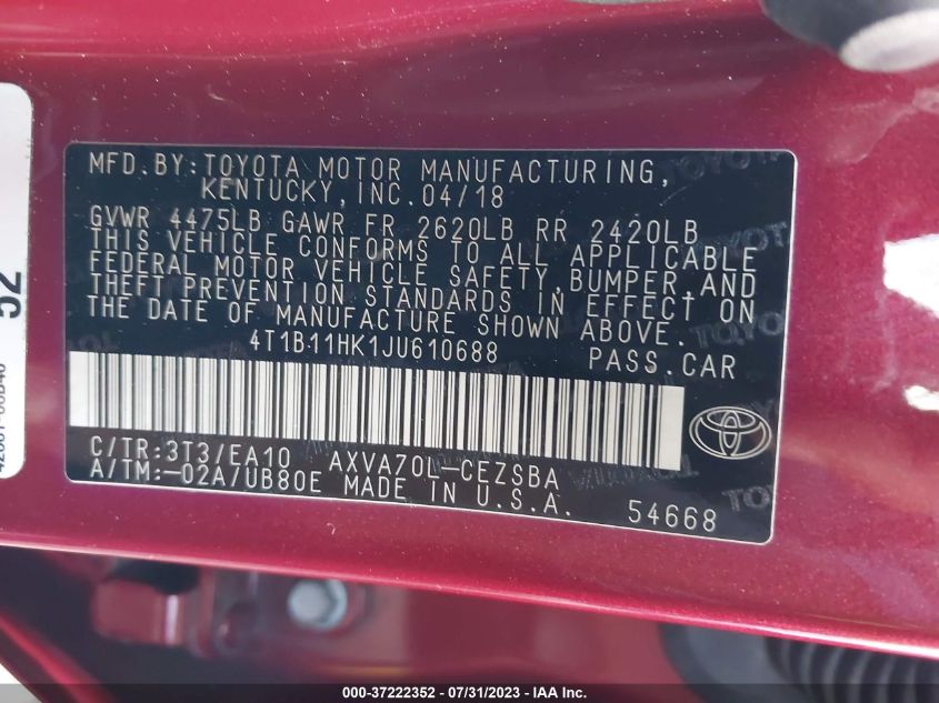 2018 TOYOTA CAMRY L/LE/XLE/SE/XSE - 4T1B11HK1JU610688