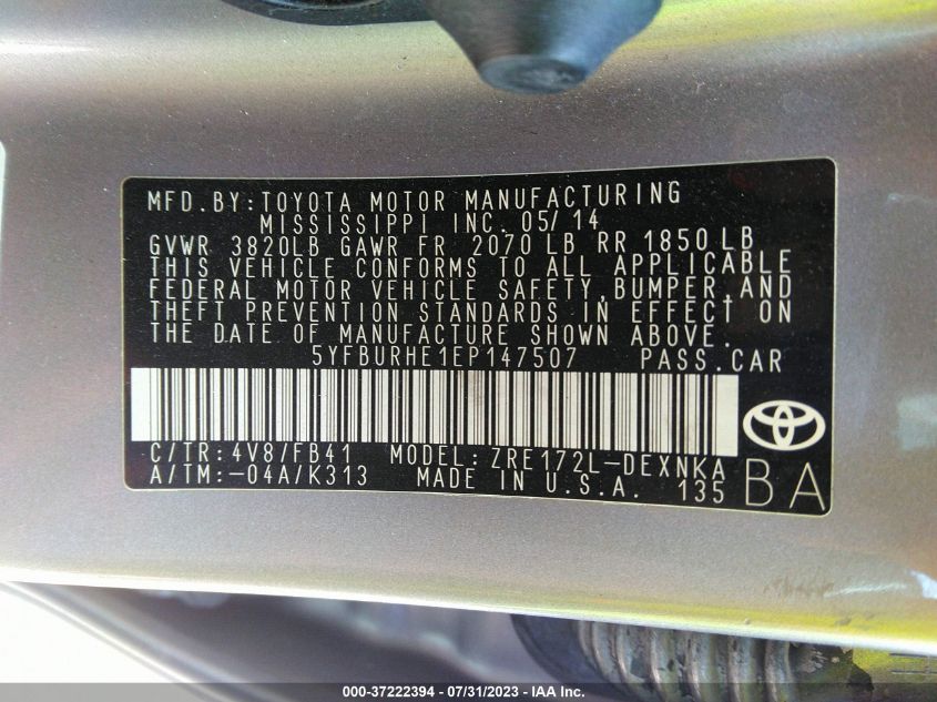 2014 TOYOTA COROLLA L/LE/LE PLS/PRM/S/S PLS - 5YFBURHE1EP147507