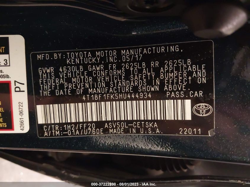 2017 TOYOTA CAMRY XLE/SE/LE/XSE - 4T1BF1FK5HU444934