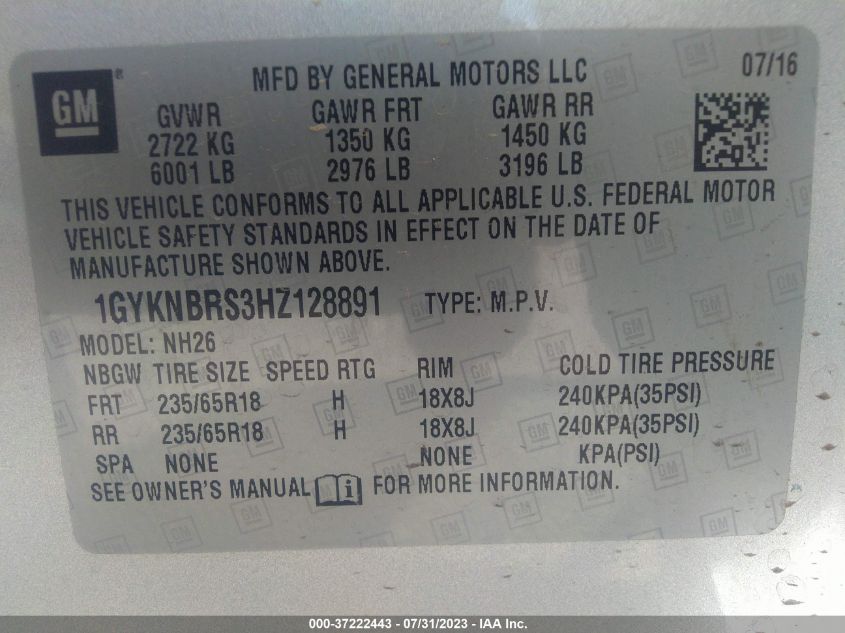 2017 CADILLAC XT5 LUXURY FWD - 1GYKNBRS3HZ128891