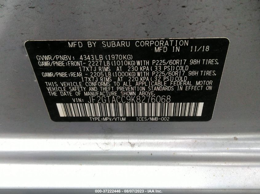 2019 SUBARU CROSSTREK PREMIUM - JF2GTACC9K8276068