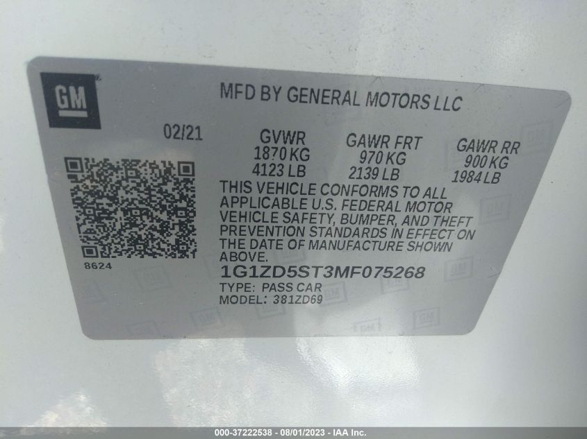 2021 CHEVROLET MALIBU LT - 1G1ZD5ST3MF075268