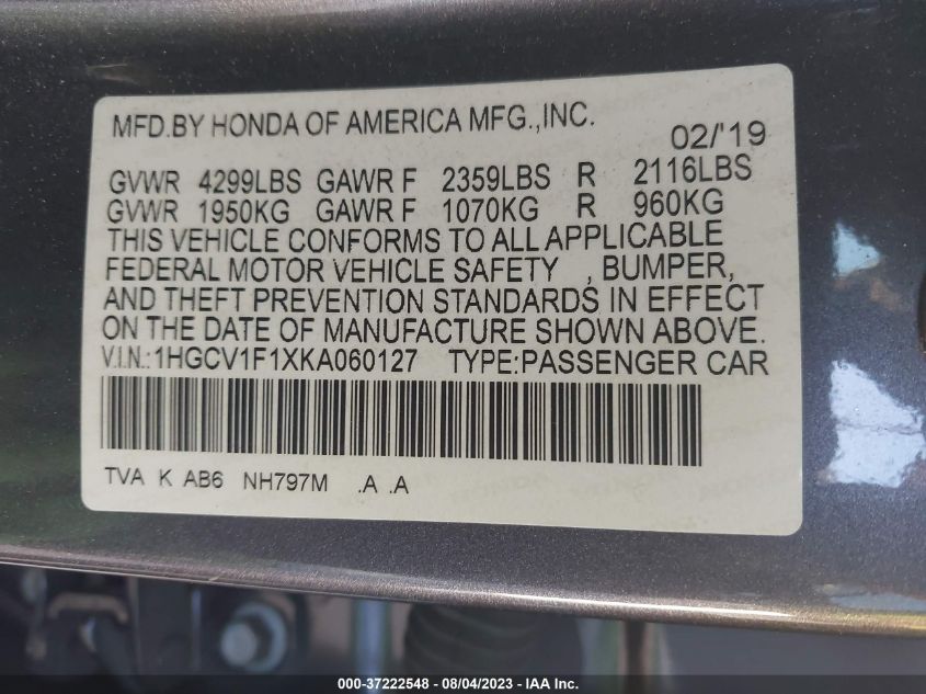 2019 HONDA ACCORD SEDAN LX 1.5T - 1HGCV1F1XKA060127