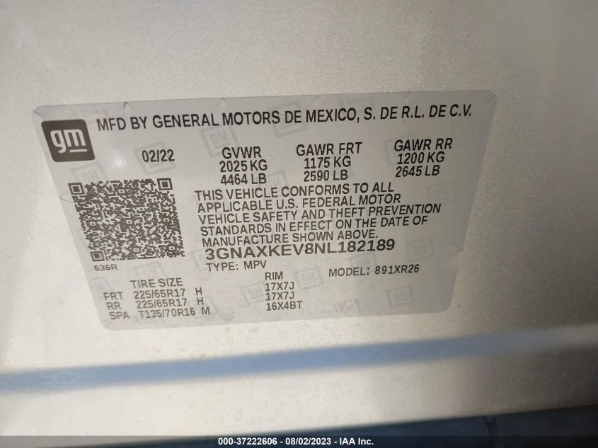 2022 CHEVROLET EQUINOX LT - 3GNAXKEV8NL182189