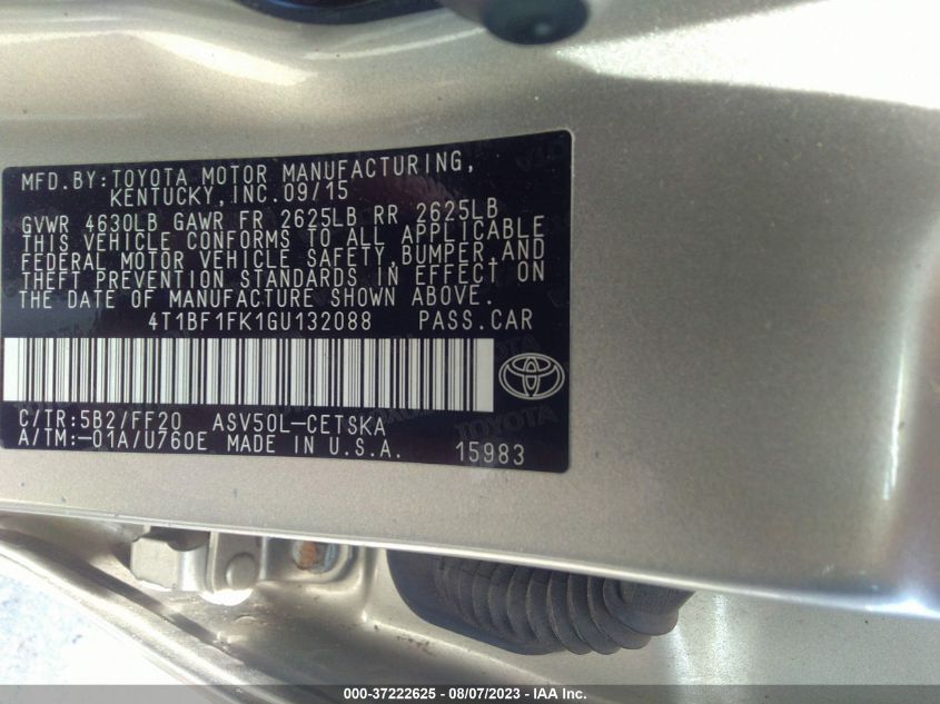 2016 TOYOTA CAMRY XLE/SE/LE/XSE - 4T1BF1FK1GU132088